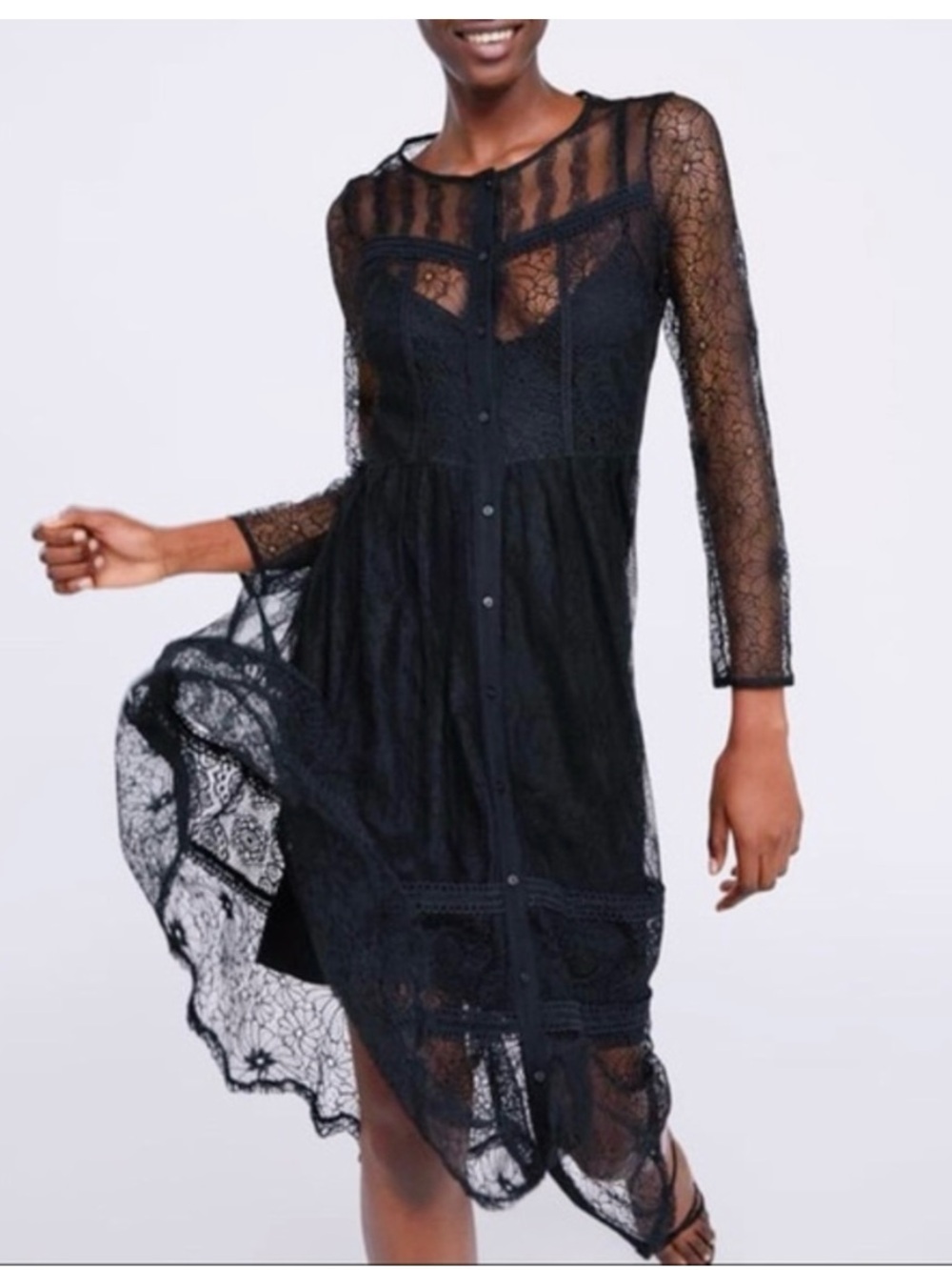 Zara Black Lace Long-Sleeve Button-Front Dress